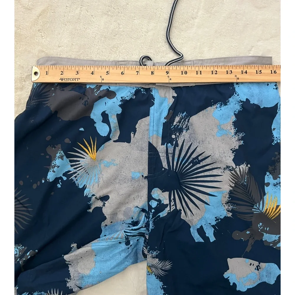 George Mens Swim Trunks Medium 32-34 Blue Gray Tropical Board Shorts Drawstring